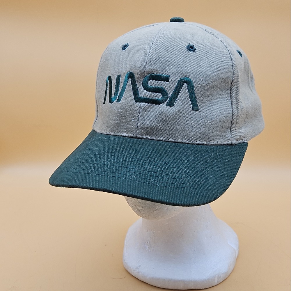 Vintage NASA Hat Cap Snapback Beige Green Adjustable One Size Space 90s